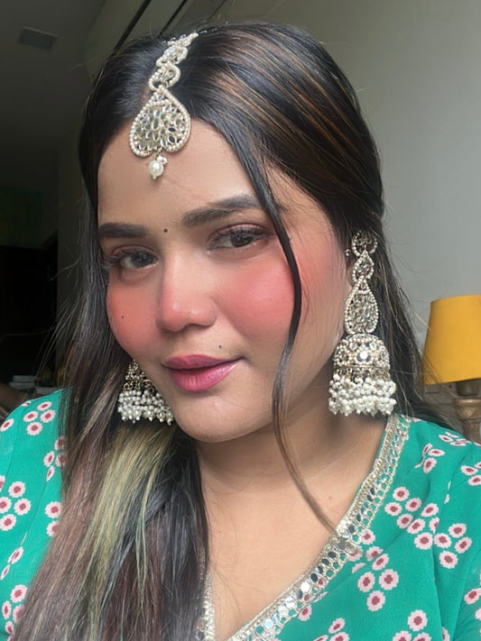 White Zainab Mirror Jhumkis and Tika Set