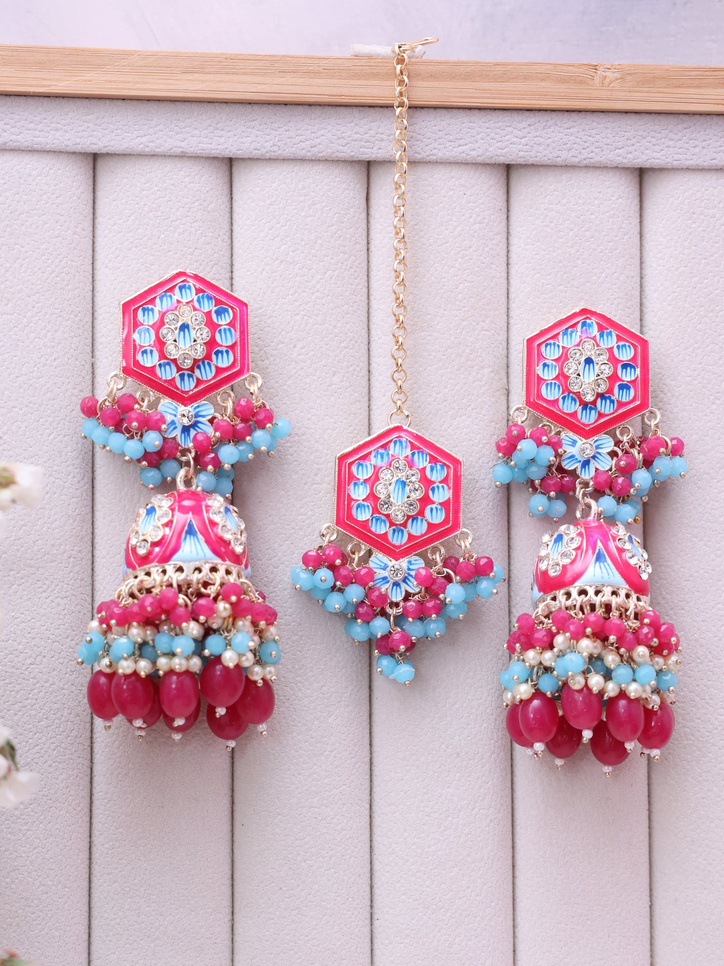 Pink Rajahansa Jhumkis with Tika