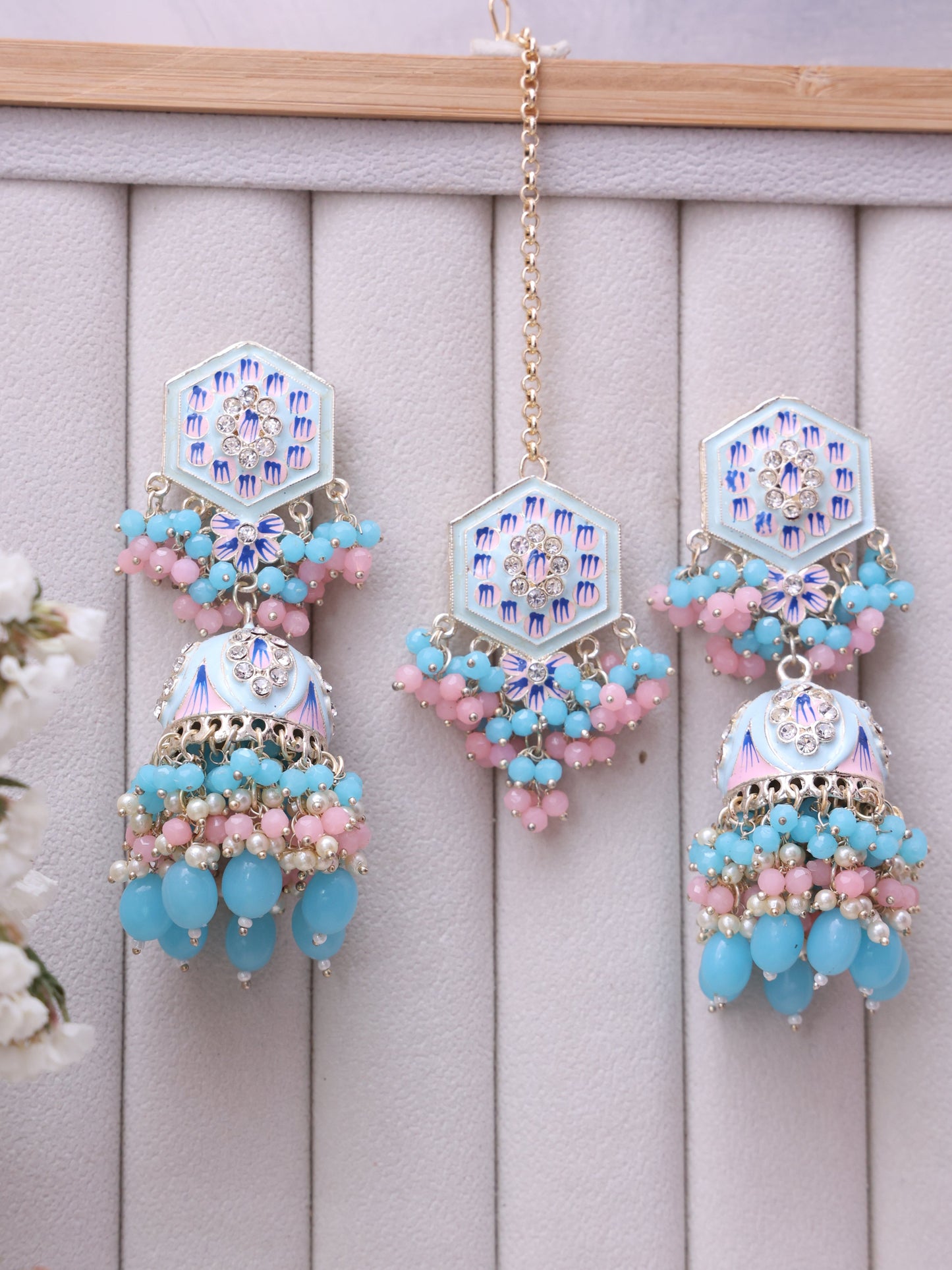 Turquoise Rajahansa Jhumkis with Tika