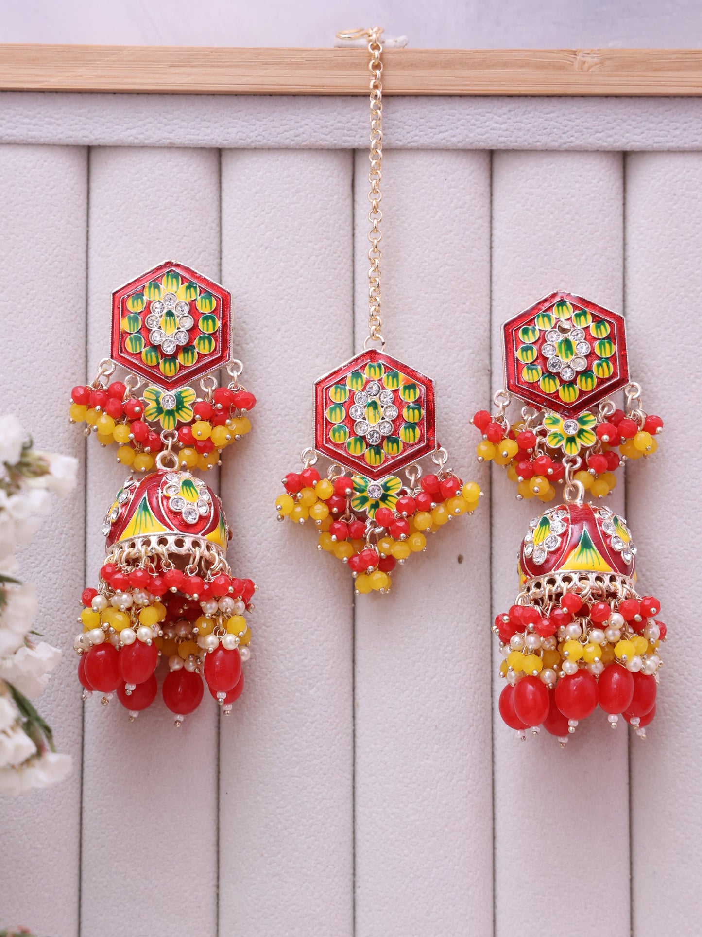 Red & Yellow Rajahansa Jhumkis with Tika