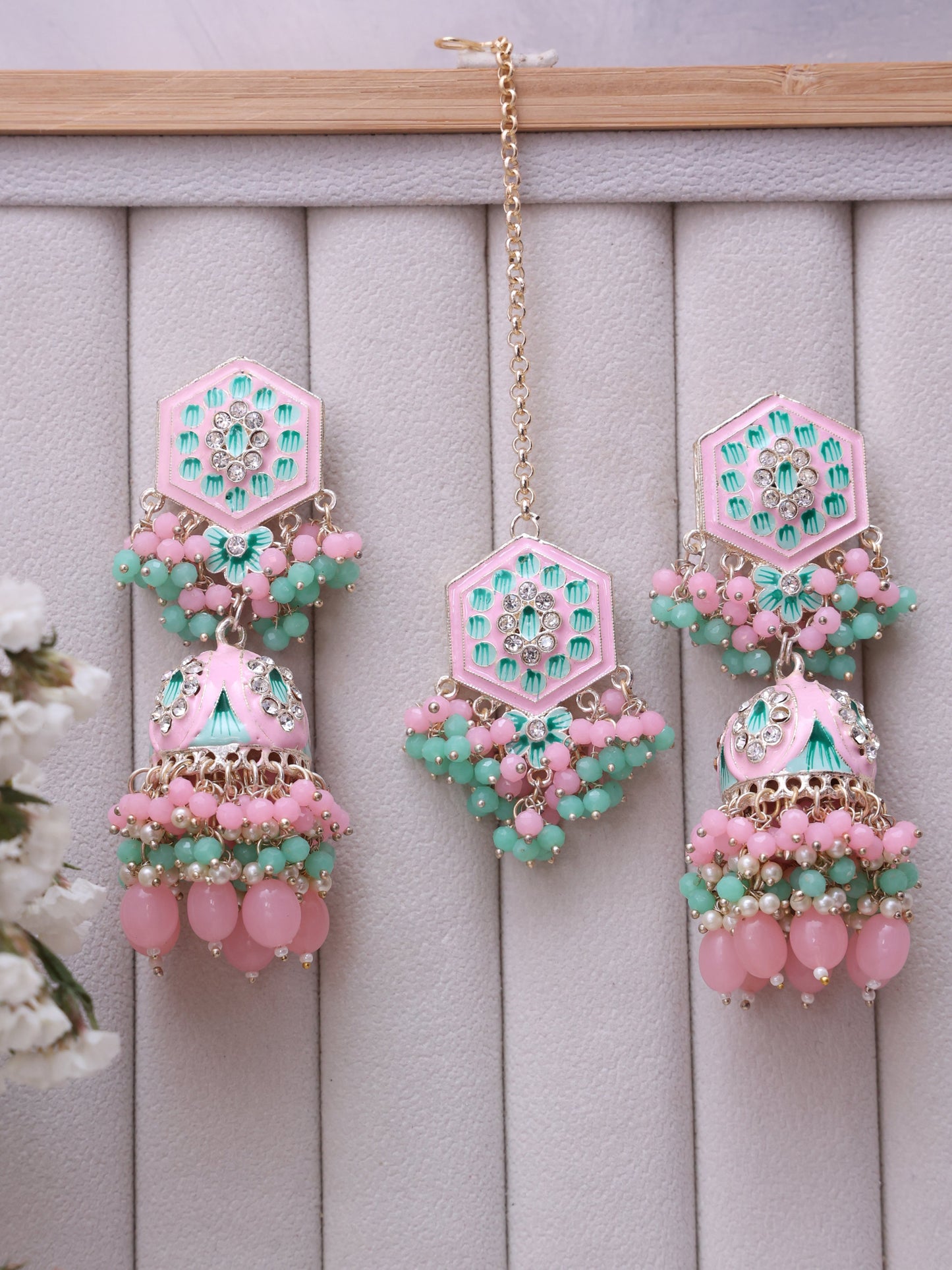 Baby Pink Rajahansa Jhumkis with Tika