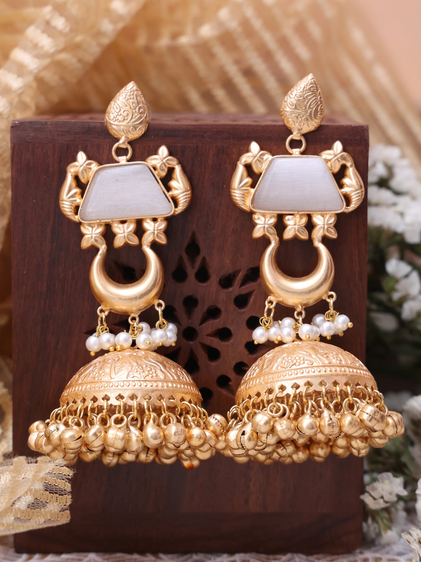 White Sadhan Premium Brass Jhumkis