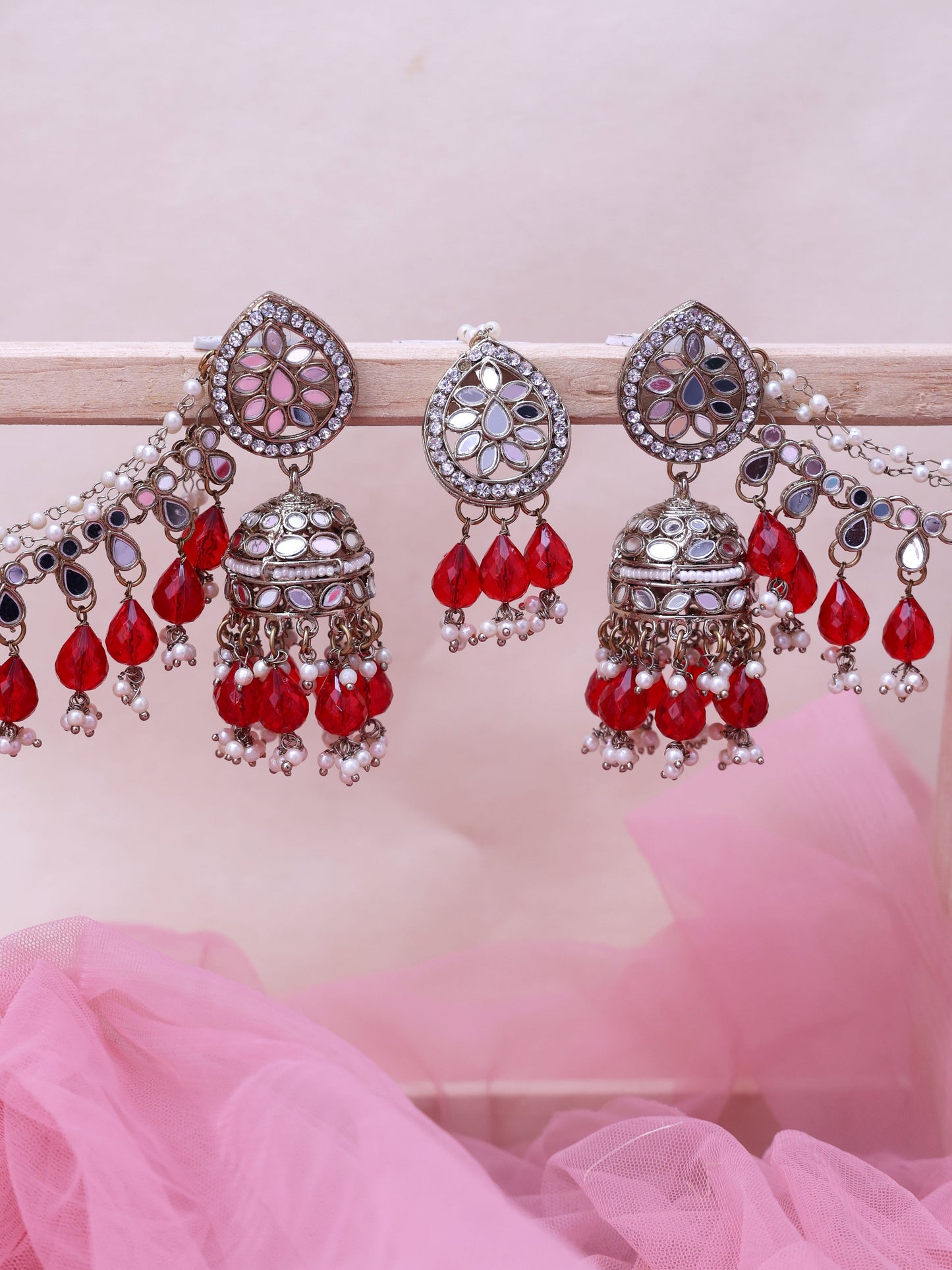 Red Zara Sahara Jhumkis with Tika