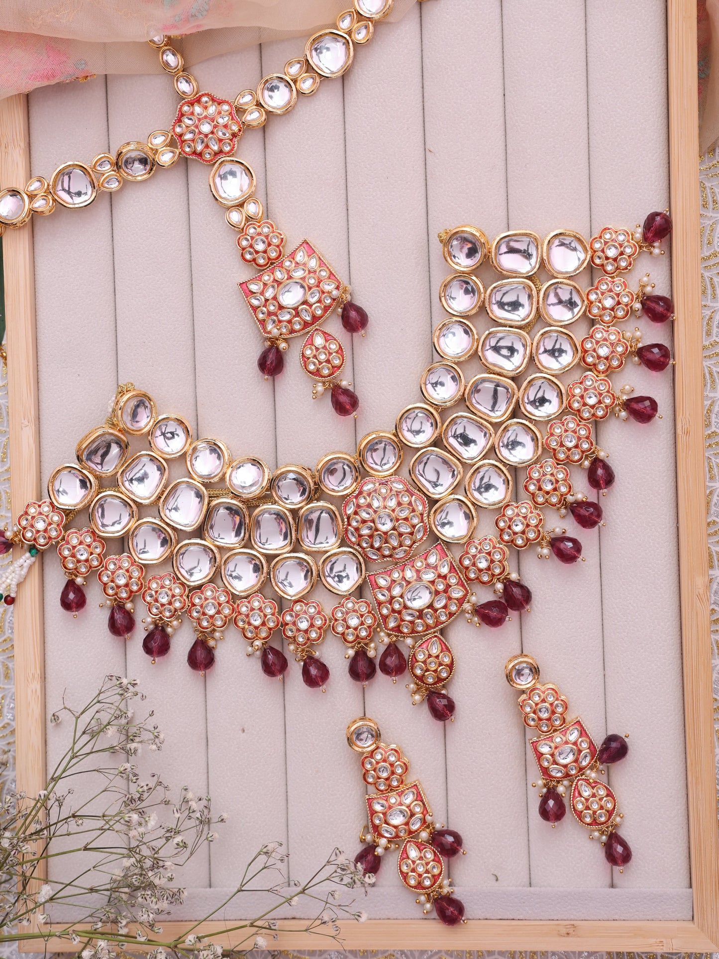 Maroon Yathika Bridal Necklace with Mathapatti