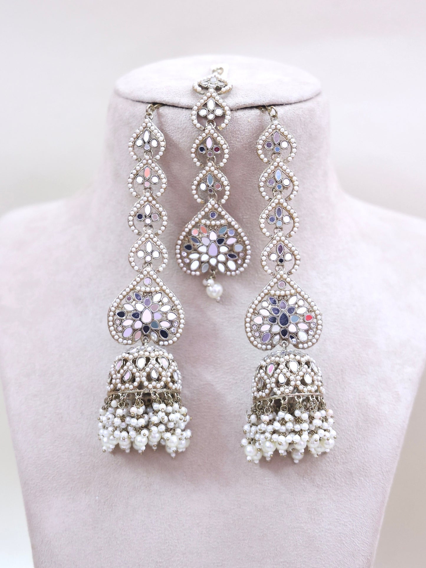 White Zainab Mirror Jhumkis and Tika Set