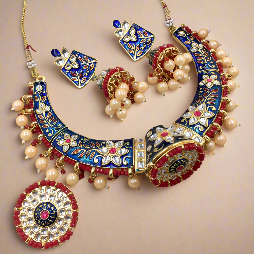 Kajol Inspired Royal Blue Meenakari Hasli Necklace Set