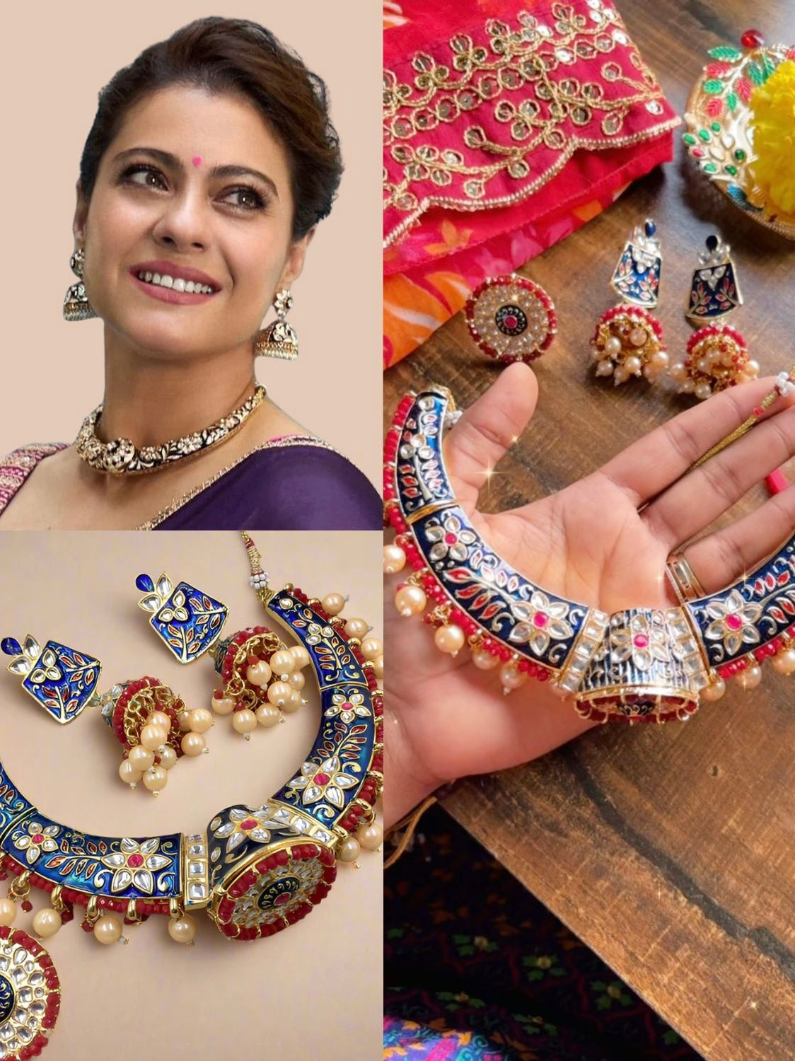 Kajol Inspired Royal Blue Meenakari Hasli Necklace Set
