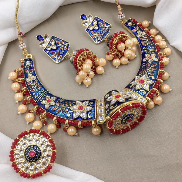 Kajol Inspired Royal Blue Meenakari Hasli Necklace Set