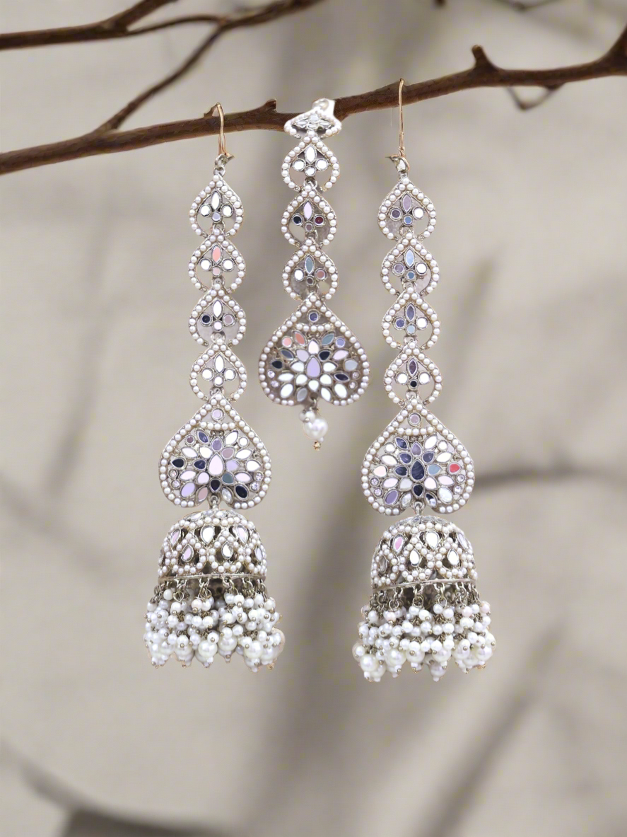 White Zainab Mirror Jhumkis and Tika Set