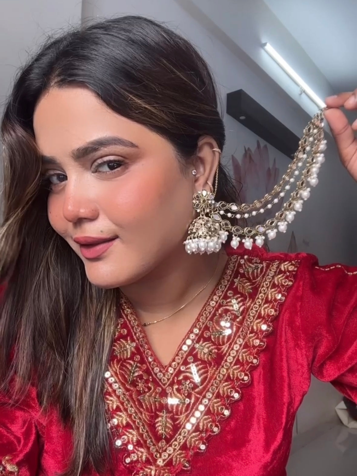 White Tama Sahara Jhumkis with Tika