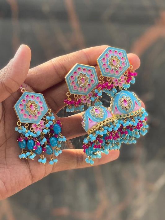 Turquoise Rajahansa Jhumkis with Tika
