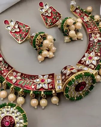 Red Meenakari Hasli Necklace Set