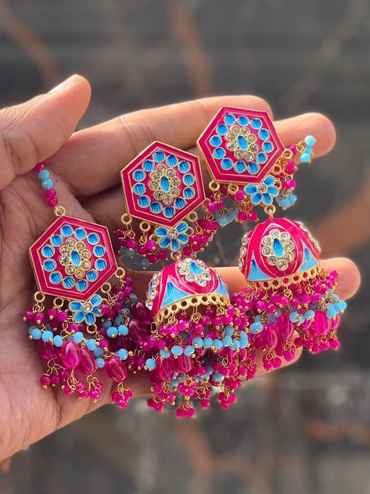 Pink Rajahansa Jhumkis with Tika