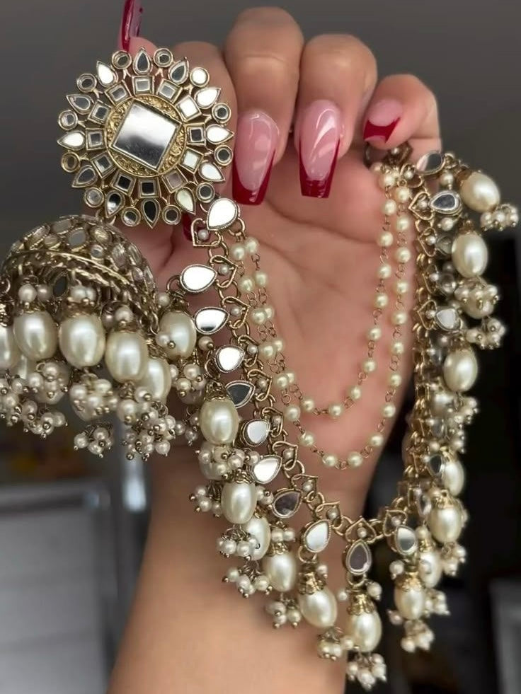 White Zareena Sahara Jhumkis with Tika