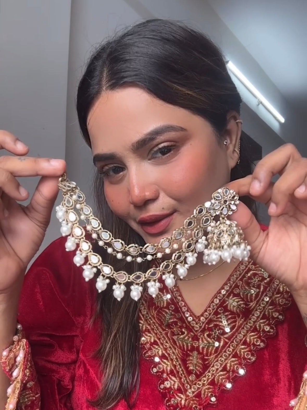 White Tama Sahara Jhumkis with Tika