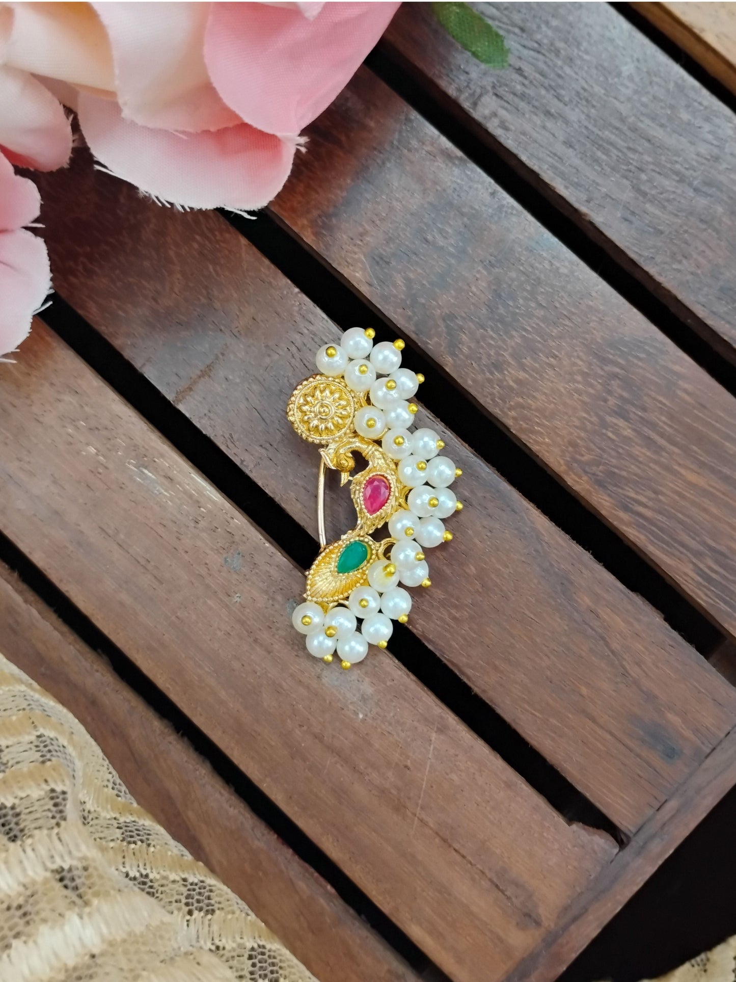 Vaishnavi Pink & Green Traditional Pearl Nose Pin
