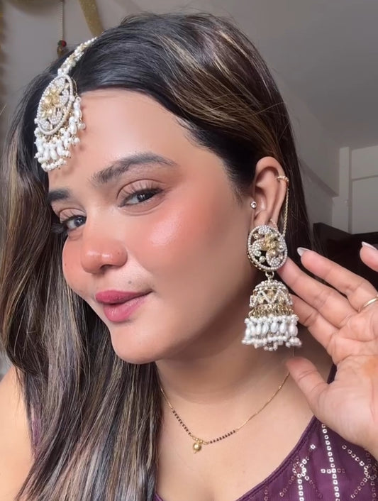 White Madhavee Jhumkis with Tika