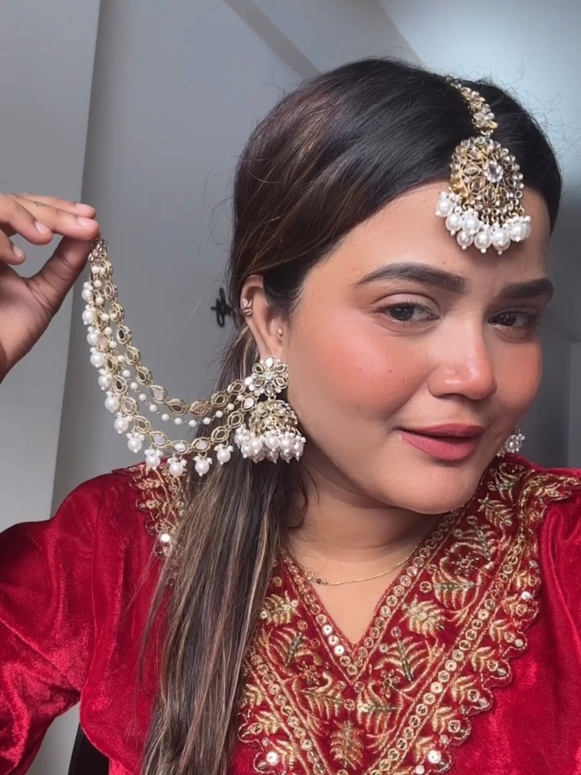 White Tama Sahara Jhumkis with Tika