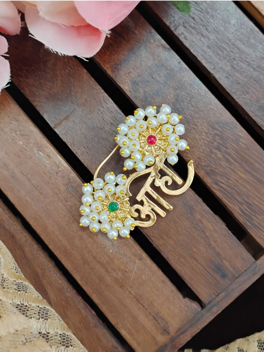 Aaho Pink & Green Traditional Pearl Nose Pin