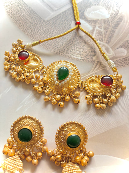 Red & Green Nagalatha Brass Necklace Set