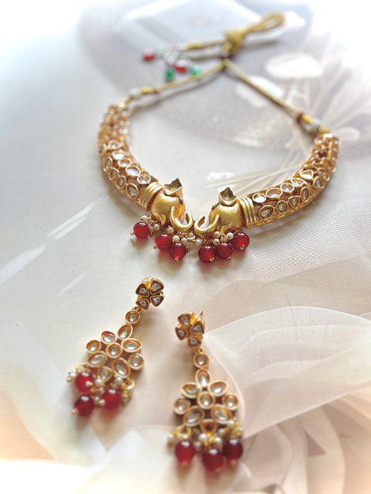 Red Palakshi Premium Brass Necklace Set