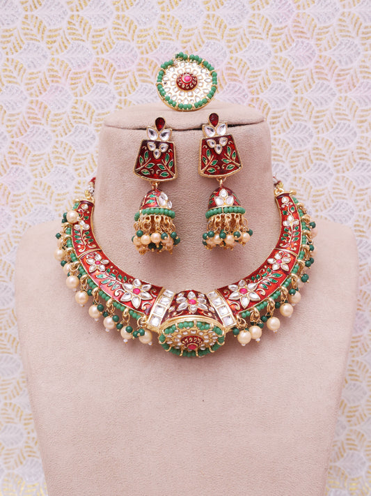 Red Meenakari Hasli Necklace Set