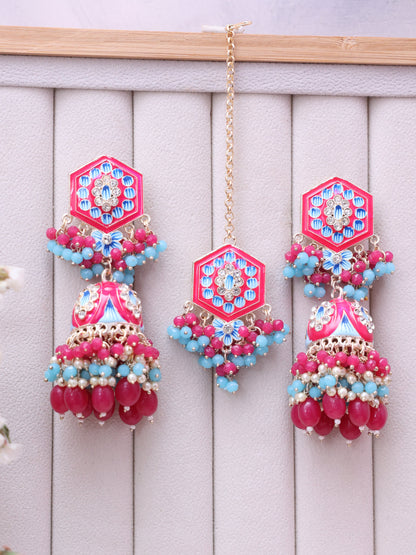 Pink Rajahansa Jhumkis with Tika