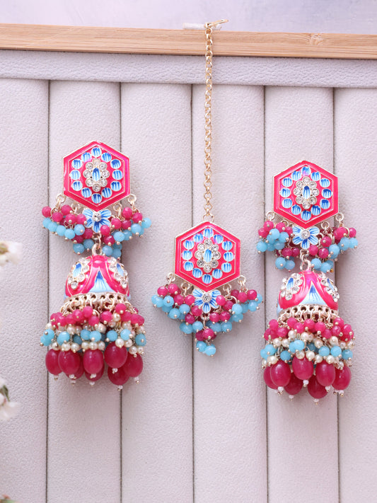 Pink Rajahansa Jhumkis with Tika