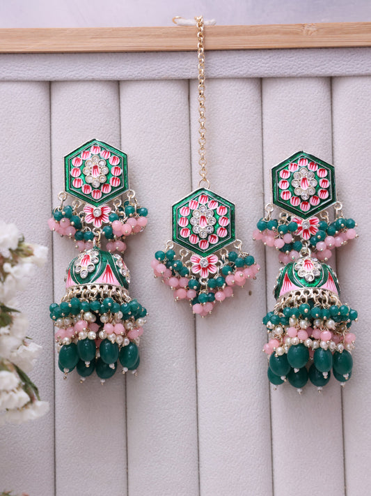 Green Rajahansa Jhumkis with Tika