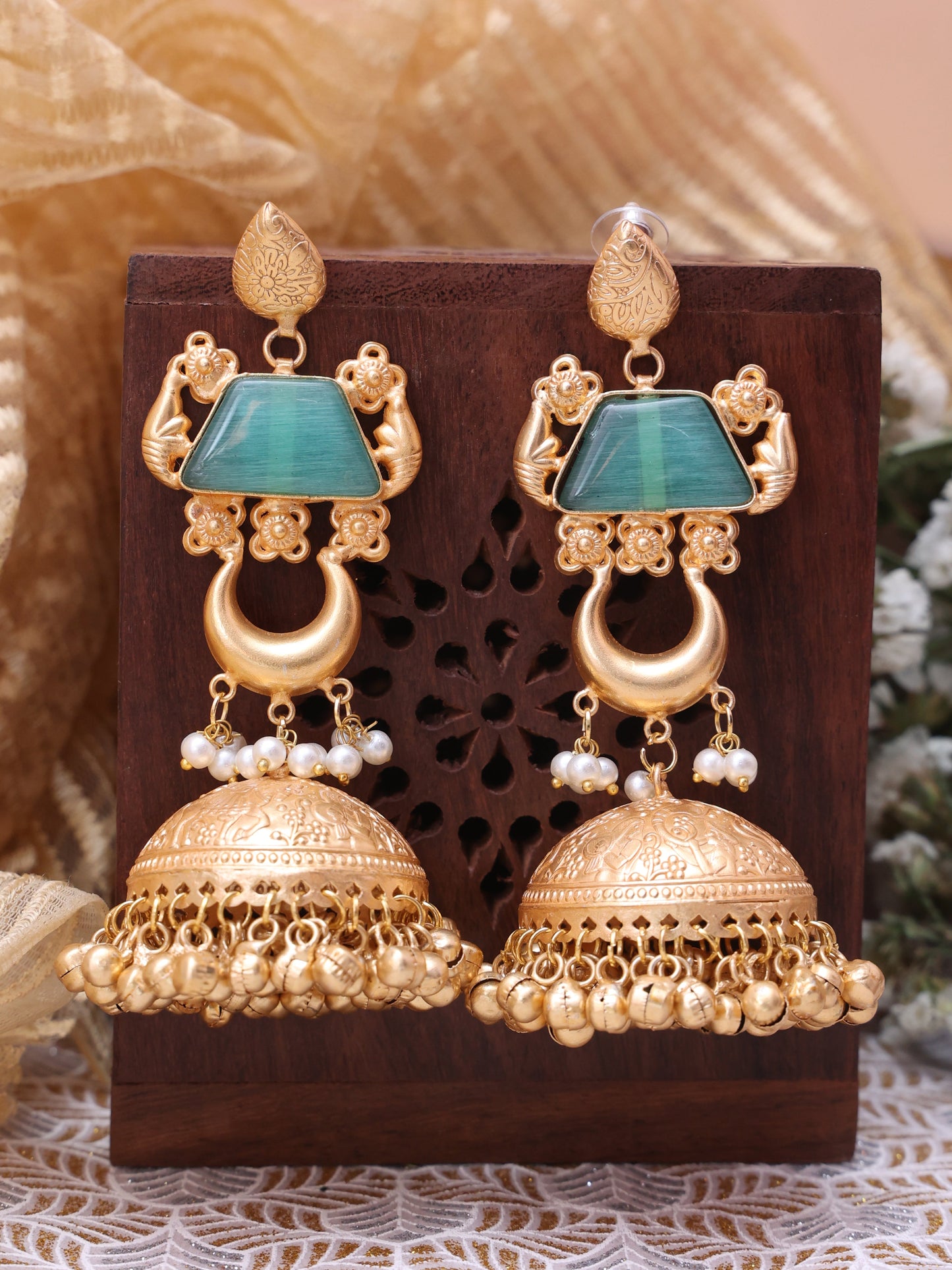 Turquoise Sadhan Premium Brass Jhumkis