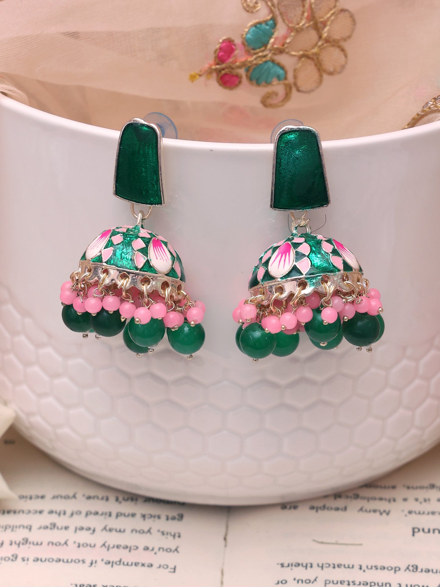 Pink and Green Tanea Jhumkis