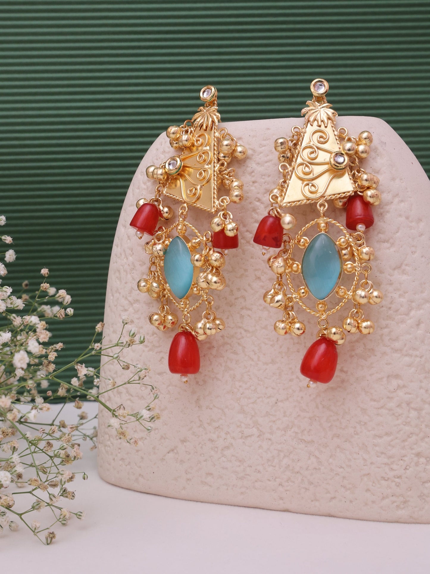 Red and Turquoise Nita Premium Brass Jhumkis