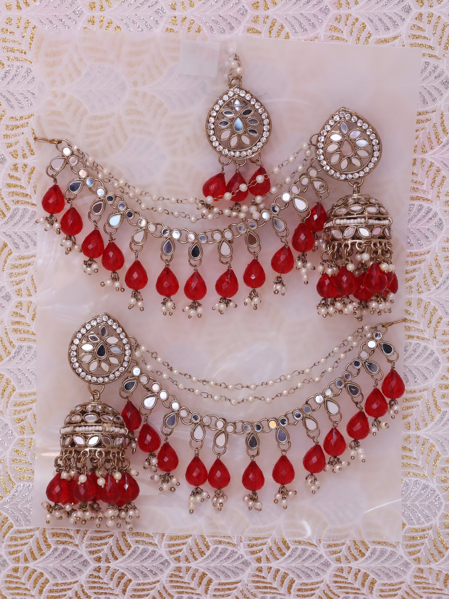 Red Zara Sahara Jhumkis with Tika