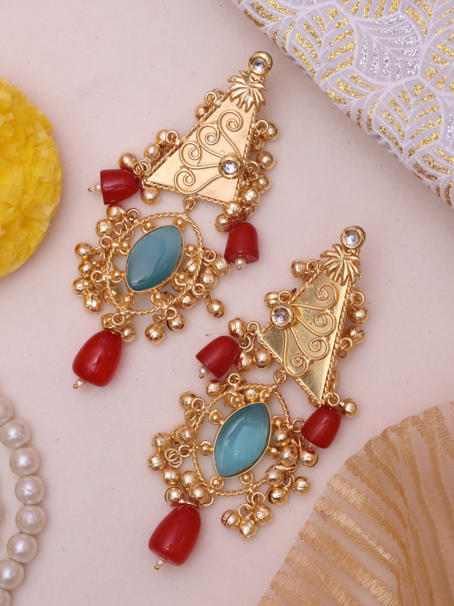 Red and Turquoise Nita Premium Brass Jhumkis