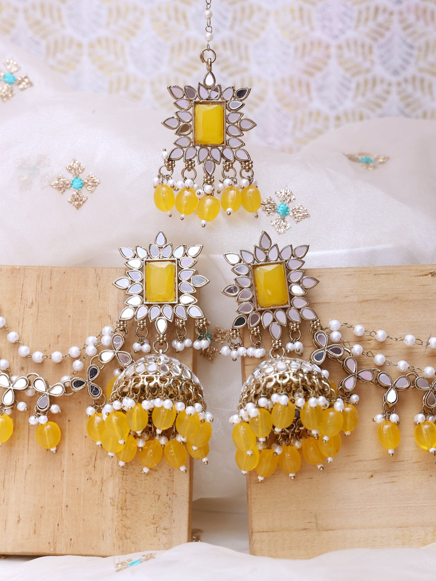 Yellow Gamini Sahara Jhumkis with Tika