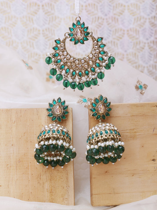 Green Jagrati Jhumkis with Tika