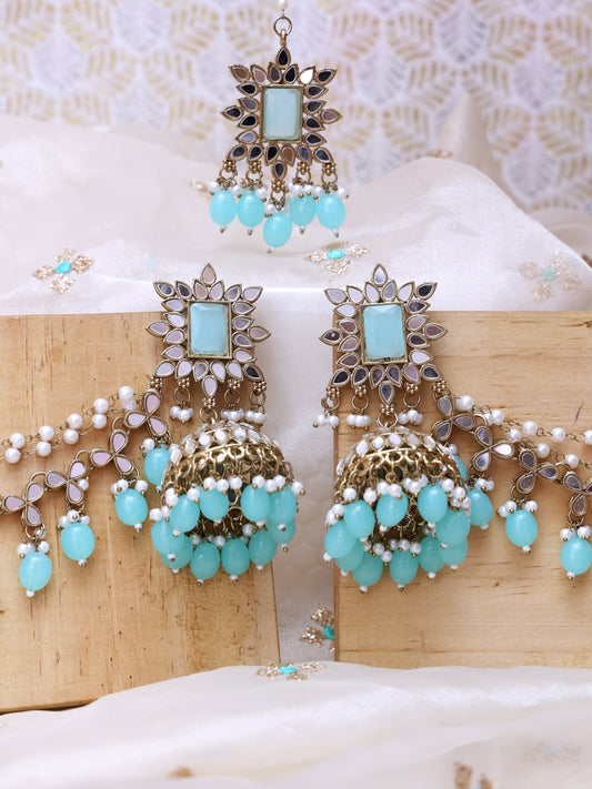 Turquoise Gamini Sahara Jhumkis with Tika