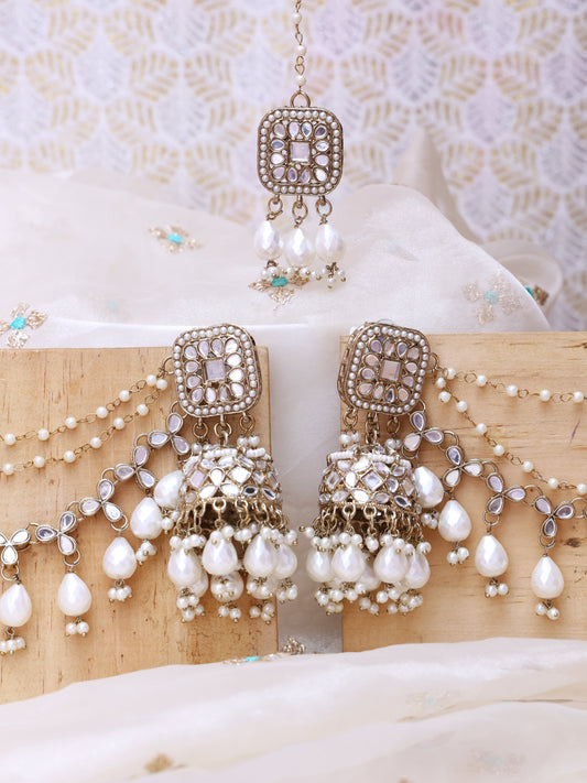 White Sabita Sahara Jhumkis with Tika