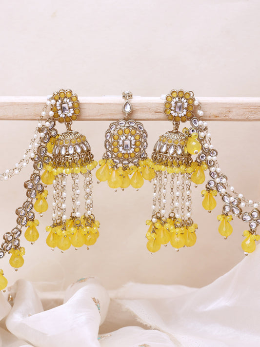 Yellow Kush Sahara Jhumkis with Tika