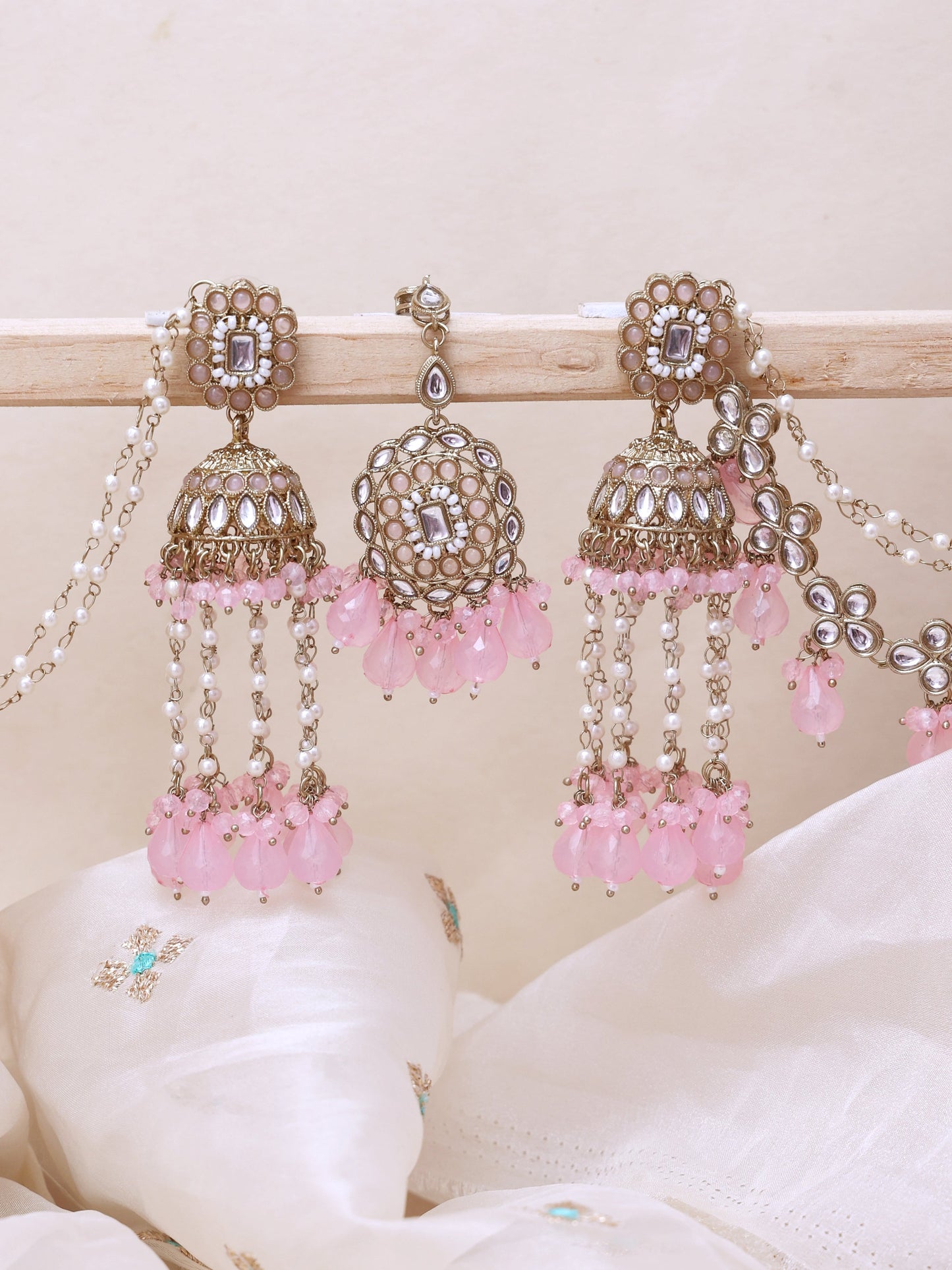 Baby Pink Kush Sahara Jhumkis with Tika