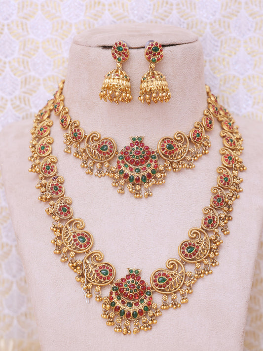 Red & Green Lakhi Temple Necklace Set