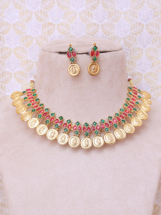 Red & Green Madhavilata Temple Necklace Set