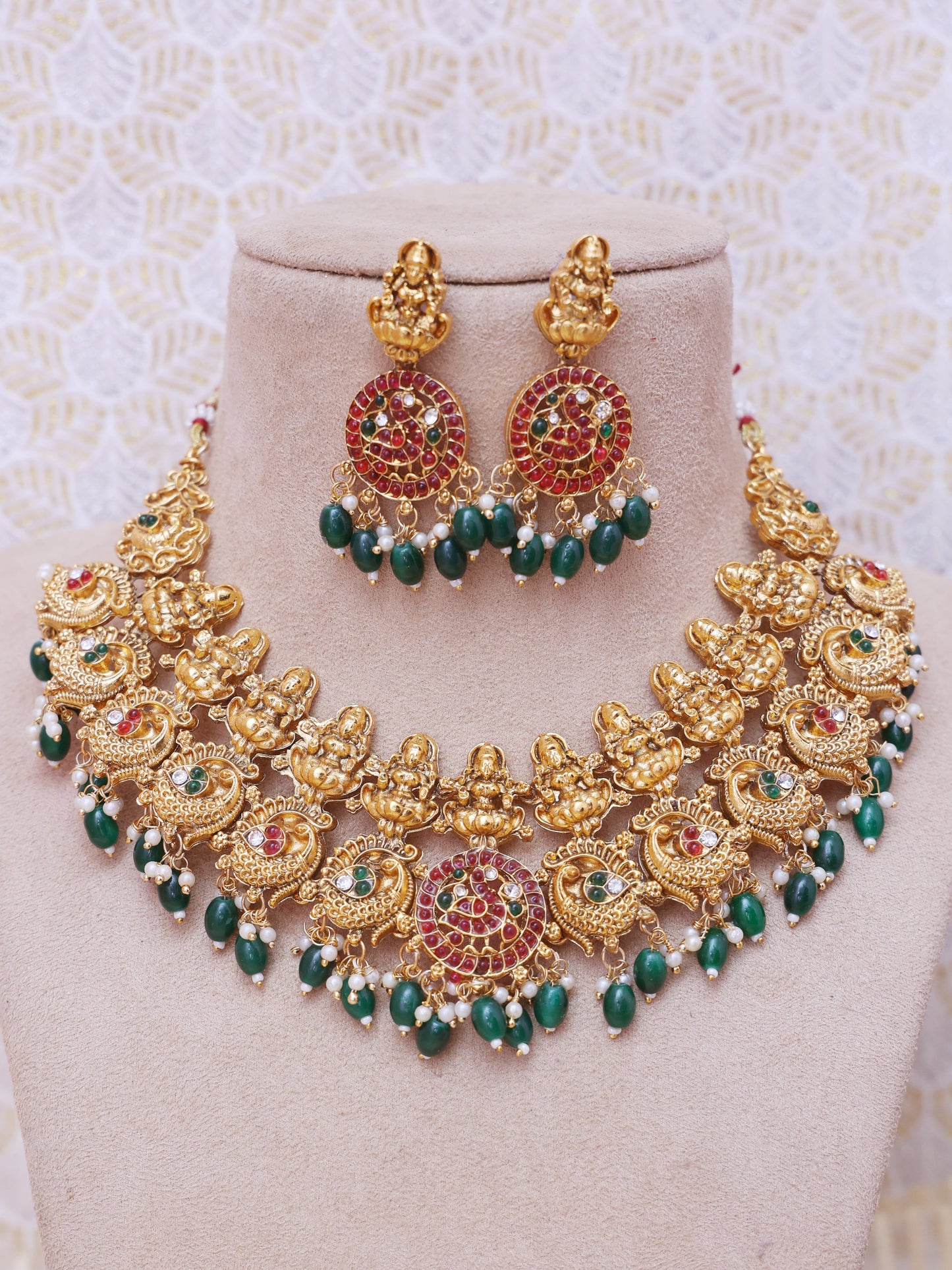 Red & Green Damini Temple Necklace Set