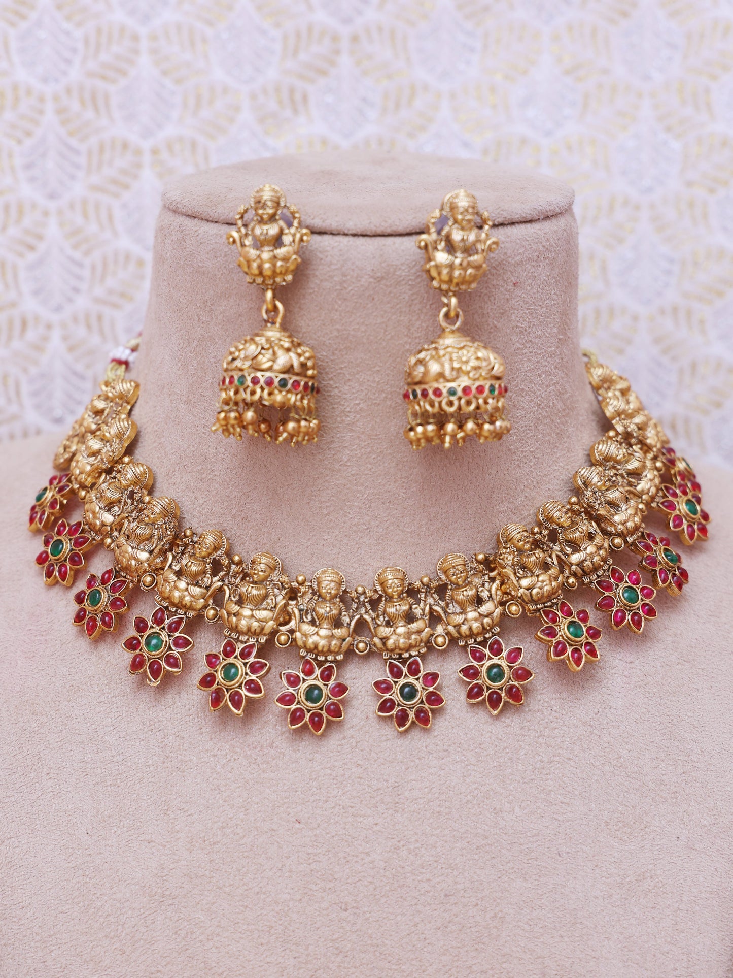 Red & Green Ikshana Temple Necklace Set