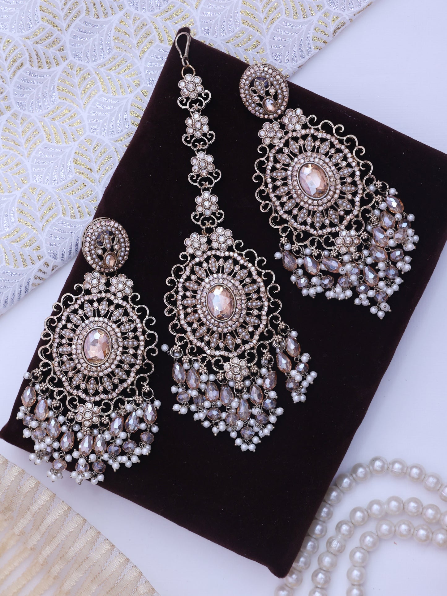 Golden Sidra Jhumka and Tika Set