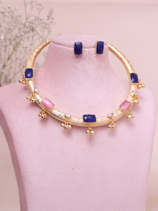 Blue & Pink Queen Ghungroo Hasli Necklace Set