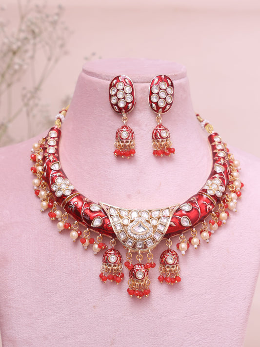 Red Sadguna Meenakari Hasli Necklace Set