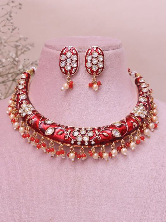 Red Fawiza Meenakari Necklace Set