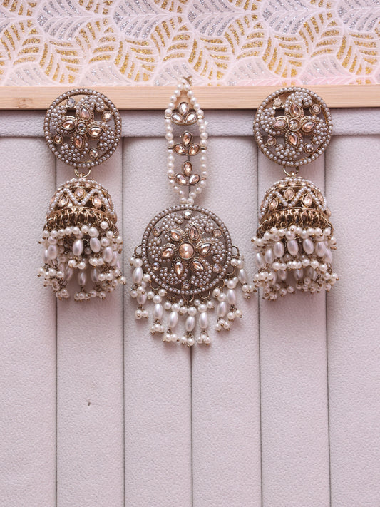 White Madhavee Jhumkis with Tika