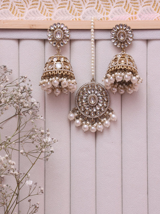 White Zenisha Jhumkis with Tika